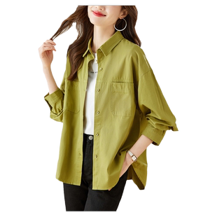 初影绿色衬衫女长袖新款休闲宽松上衣精致纯棉通勤衬衣