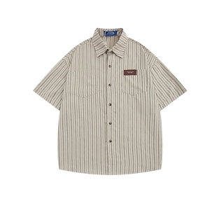 悟空有货复古日系条纹翻领短袖衬衫男女夏季潮牌宽松港风情侣衬衣