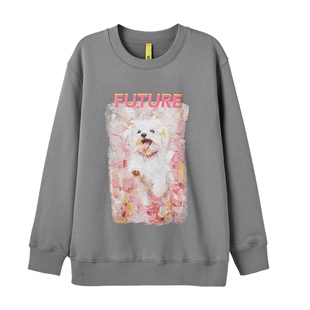 U/TI灰色狗狗印花油画卫衣女百搭简约加绒潮上衣尤缇2023冬季新款