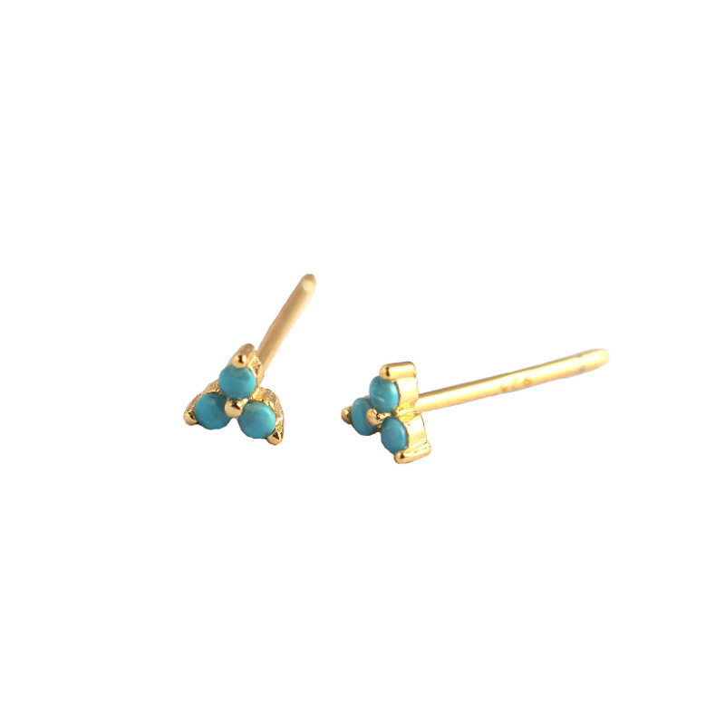 S925纯银蓝色绿松石三叶草耳钉