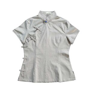 玉想【丁香】中式女装复古文艺棉布格子修身短款夏季短袖旗袍上衣