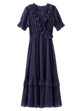 【夏末】夏季韩系海边丁达尔裙子蓝色木耳边v领格纹连衣裙女