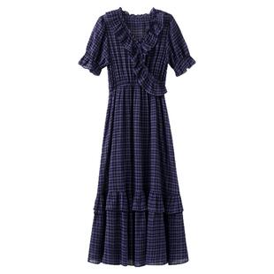 【夏末】夏季韩系海边丁达尔裙子蓝色木耳边v领格纹连衣裙女