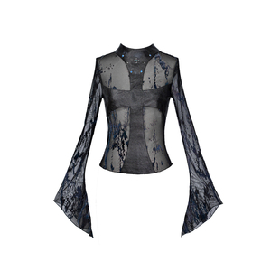 虚轨原创 告别序曲y3k摇滚朋克辣妹铆钉十字架网纱半透打底衫上衣