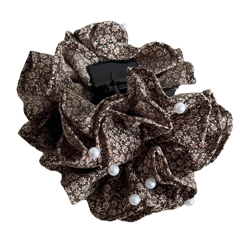 法式钉珠褶皱碎花布艺抓夹女复古气质发抓后脑勺鲨鱼夹半扎发卡