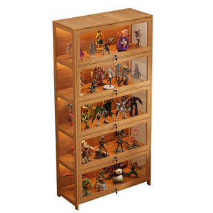 实木手办柜带锁模型盲盒收纳展示柜子全透明亚克力落地摆件陈列柜