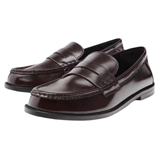 西班牙MD女鞋新款棕色复古亮面真皮乐福鞋圆头英伦风一脚蹬单鞋