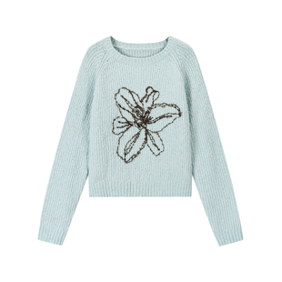 FireGolden炉2025秋冬绣花羊毛针织圆领套头慵懒毛衣 灰棕/薄荷绿