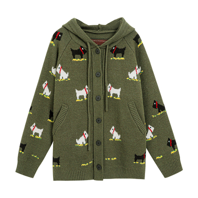 大码初冬宽松慵懒小狗连帽毛衣外套女胖mm显瘦遮肉厚针织开衫上衣