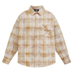 404MOB雾霾黄美式刺绣仿扎染复古格纹长袖衬衫男痞帅情侣衬衣外套