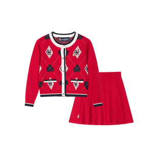 暇步士童装女童新年套装冬新款大童喜庆线衣开衫儿童拜年服红裙子