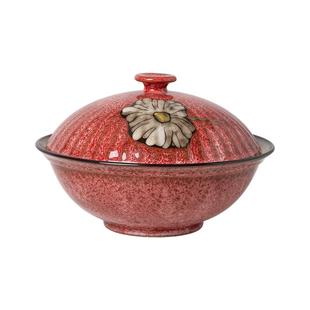 大汤碗带盖家用红色复古手绘品锅水果碗盆坚果零食盘面碗陶瓷餐具