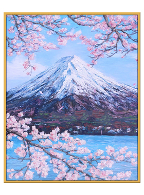 富士山下樱花风景diy手绘油彩画
