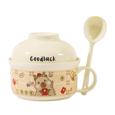 陶瓷泡面碗带盖大容量手柄碗宿舍用学生饭碗个人专用上班碗筷套装