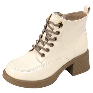 木林森女鞋冬季新款真皮粗跟休闲马丁靴子女士英伦风百搭漆皮短靴