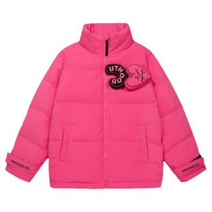 GUUKA美式潮牌粉红色立领羽绒服男冬季 青少年爱心魔术贴外套宽松