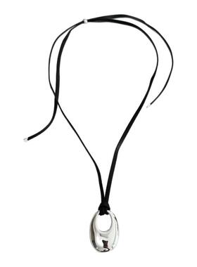 SAMPAN小众设计感银色椭圆吊坠项链女简约百搭皮绳毛衣链复古时髦