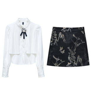 【告白恋曲】小娜椒小个子设计感蝴蝶结立领衬衫短款半身裙套装女