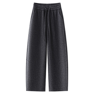 毛呢条纹阔腿裤女加绒秋冬新款宽松深灰色松紧腰休闲直筒条纹裤子