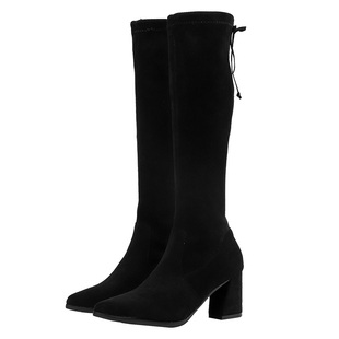 小个子长靴女中筒高跟不过膝2024新款冬季加绒弹力长筒靴粗跟高筒