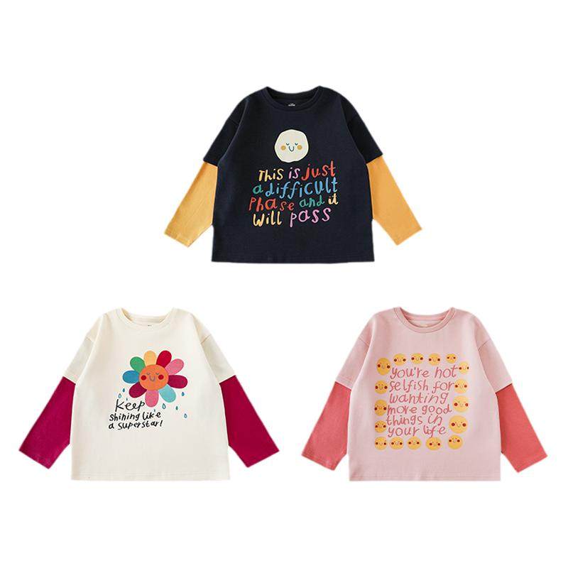 幼悠 女童搞怪笑脸卡通印花撞色假两件T恤春秋俏皮可爱休闲上衣潮