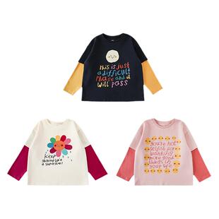 幼悠 女童搞怪笑脸卡通印花撞色假两件T恤春秋俏皮可爱休闲上衣潮