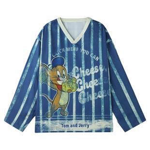 BJHG不计后果猫和老鼠联名长袖T恤男2025新款秋V领内搭美式球衣女