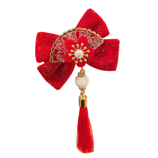 2026新款红色新年小女孩发夹儿童蝴蝶结流苏发卡夹子女童过年发饰