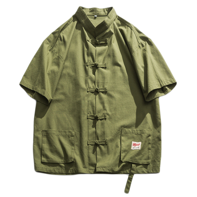 立体口袋 无梦记中国风男夏季盘扣短袖衬衫日系宽松情侣立领开衫