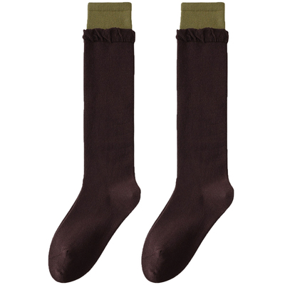 双罗口撞色花边长筒无骨小腿袜