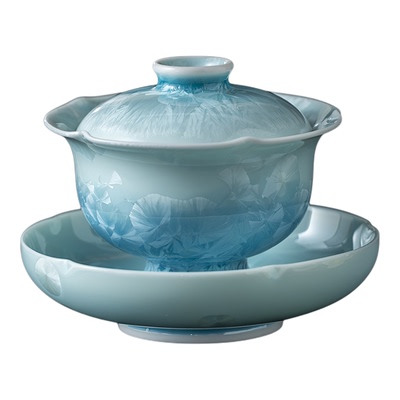 青瓷花口茶碗结晶釉三才盖碗配件