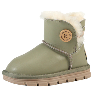 儿童皮毛一体雪地靴小童鞋皮面棉鞋男童加绒雪地棉女童亮面短靴子