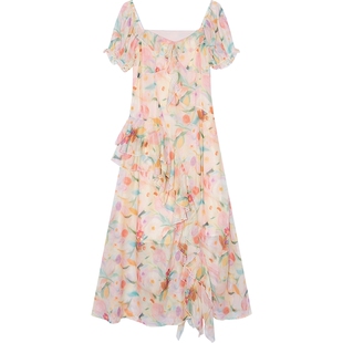 妖精的口袋碎花方领连衣裙女2026年夏季新款度假风收腰绝美裙子