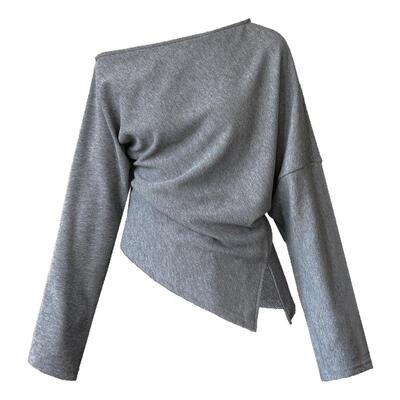 实拍！高品质斜领一字肩长袖T恤