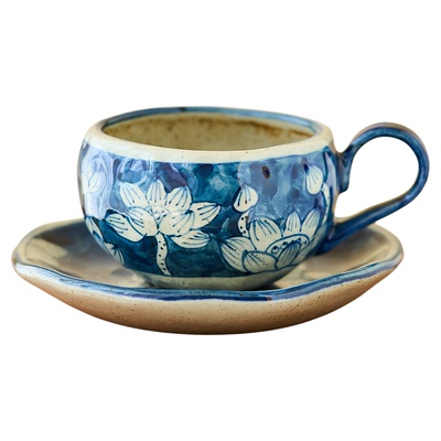 文艺青花复古带碟手绘咖啡杯