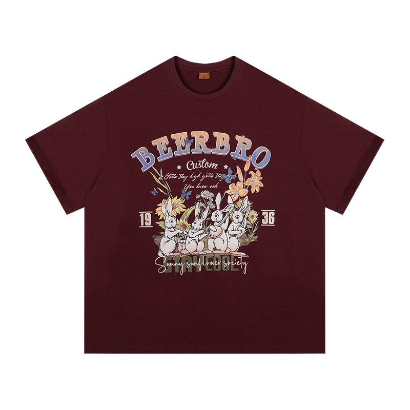 BeerBro 美式潮牌短袖T恤女夏季宽松vintage兔子印花情侣半袖上衣
