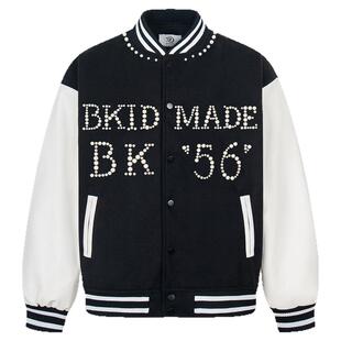 SREK 美式珍珠刺绣拼接撞色棒球服外套男女春季情侣休闲宽松夹克