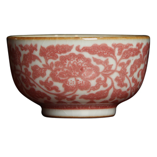 江家窑九寸土汝窑全釉里红缠枝莲牡丹听泉杯陶瓷茶杯汝瓷杯子茶具