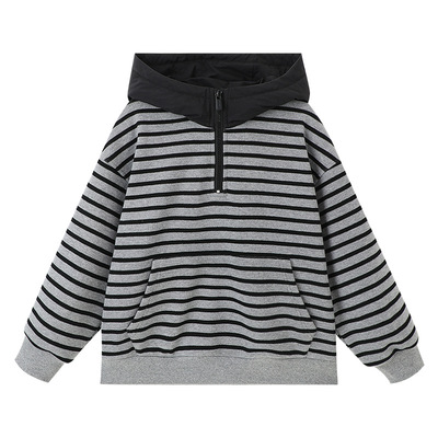 男童连帽条纹撞色拼接帽衫灰杏色