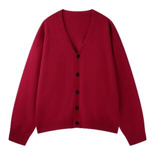 BJHG不计后果 新年红色v领针织毛衣外套男女春季休闲情侣开衫毛衣