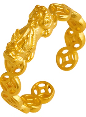 新款貔貅铜钱沙金戒指女古法新中式小众设计高颜值食指戒开口指环