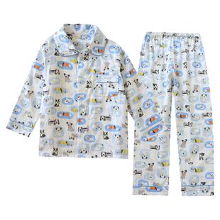 儿童春秋夏纯棉纱布长袖睡衣套a类薄款男童可爱小狗空调服家居服