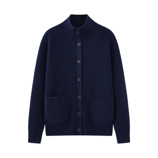 100%纯棉立领开衫女2025秋冬新款针织毛衣复古风宽松全棉纽扣外套