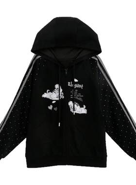 森女部落甜酷风小狗印花卫衣开衫女波点袖连帽拉链休闲外套秋季