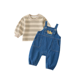 男宝宝背带裤套装春装洋气婴儿衣服春季时髦婴幼儿T恤两件套穿搭