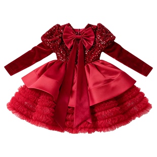 高级感女童红色连衣裙秋冬季洋气丝绒蓬蓬裙子儿童绝美公主裙礼服