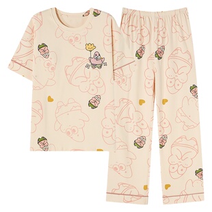 浪莎带胸垫睡衣女款夏季纯棉短袖长裤2026新款休闲套头家居服套装