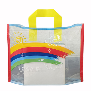 透明彩虹塑料手提袋服装店购物礼品袋子定制logo印字高级感横款小