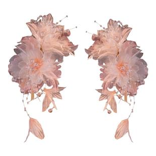 古风绢纱薄纱花朵烫花枝对夹仙气发夹复古唯美汉服发饰古装头饰