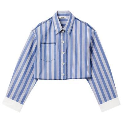 SANDRO Outlets春夏女装法式气质时尚美拉蓝穿搭棉质短款条纹衬衫